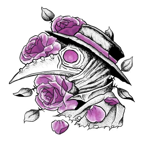 Ein stilisierter Pestdoktor mit lila Rosen und Hut.
