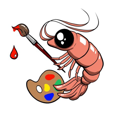 Eine cartoonhafte Garnele mit Pinsel und Farbpalette.