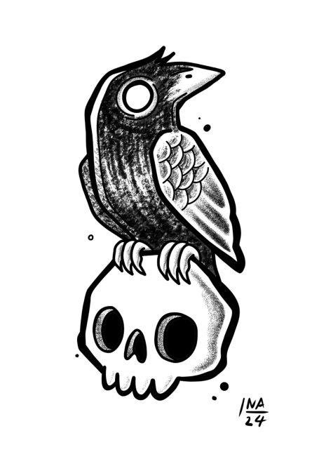 Ein schwarzer Vogel sitzt auf einem menschlichen Schädel, comicartige Darstellung.