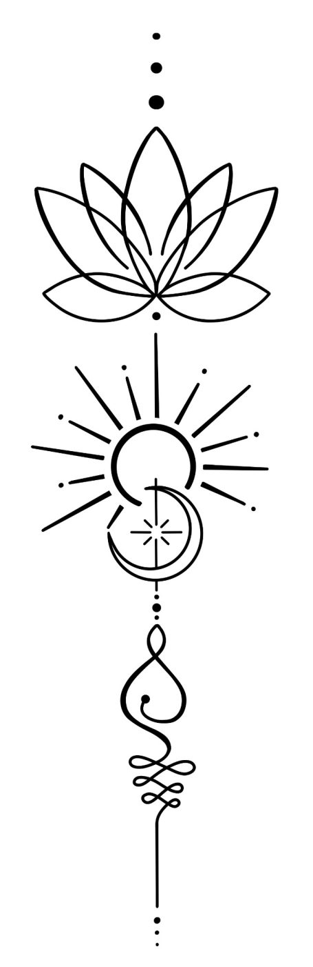Lotusblüte mit Sonne, Mond und spiralförmigen geschwungenen Elementen darunter.