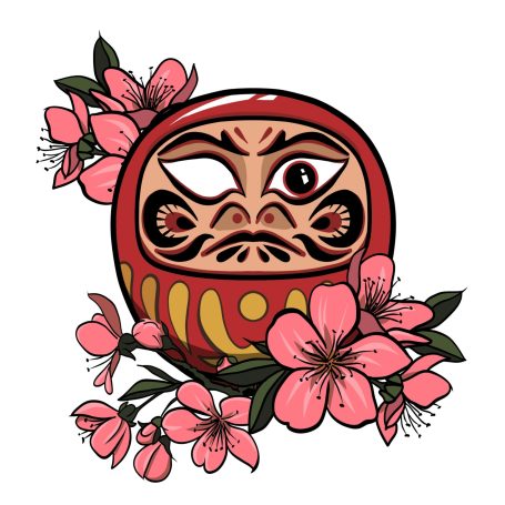 Daruma-Puppe umgeben von blühenden Kirschblüten.
