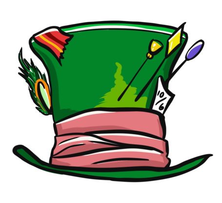 Grüner Zylinderhut mit bunten Accessoires und rosa Band.