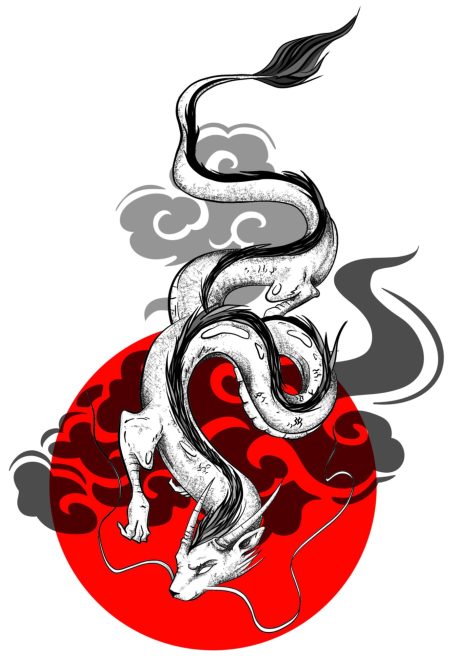 Ein stilisierter Drache schwebt über einem roten Kreis mit Wolkenmustern.
