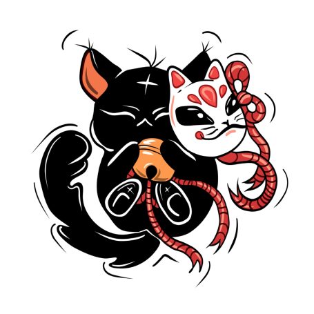 Schwarze Katze hält eine Maske, umgeben von roten Fäden.