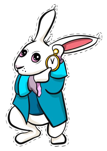 Weißer Hase mit einer Taschenuhr, gekleidet in einem blauen Anzug.