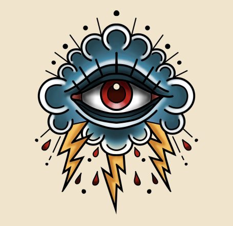 Ein Auge umgeben von Wolken und Blitzen, mit roten Tropfen darunter.