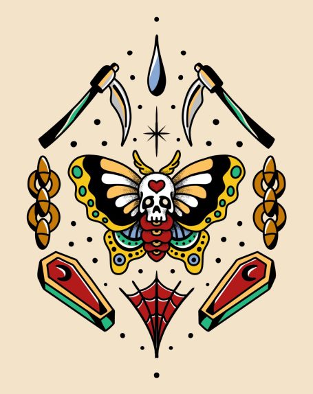 Schädel mit Schmetterling, umgeben von Klingen, Tropfen und Grabmotiven.