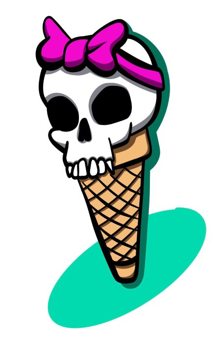 Ein Totenkopf mit einer pinken Schleife auf einer Eistüte.